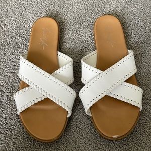 White crisscross slip on sandals